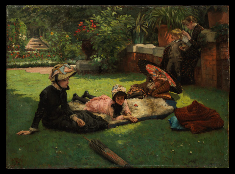 In Full Sunlight by James Tissot, garden in London with artists’ companions